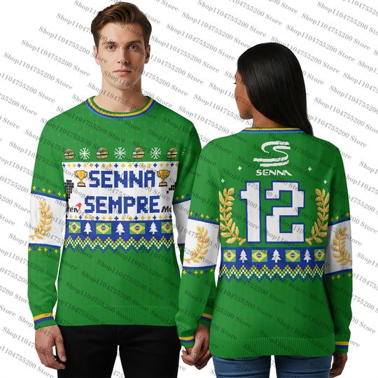 Green Ayrton Senna Ugly Christmas Sweater Senna Sempre Edition Racing HolidaySweater Sports Hot Style Sweatshirt Pullover Jumper
