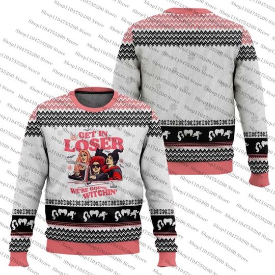Pink White Get In Loser Hocus Pocus Holiday Sweater Trendy Fun Graphic Ugly Christmas Sweater Party Sweatshirt Pullover Jumper