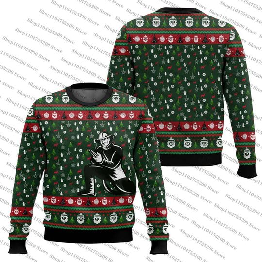 Green Xmas Holiday Awesome Firefighter Ugly Christmas Sweater Trendy Fun Print Top Sweatshirt Snowflake Pullover Atmosphere