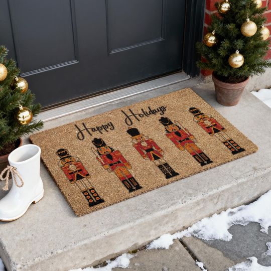Discover Happy Holidays Nutcracker Coir Doormat, Christmas Snow Front Door Mat, Outdoor Welcome Mat