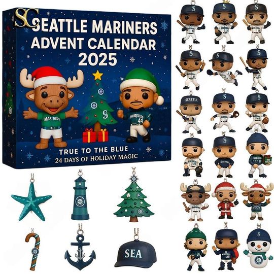 Discover Seattle Mariinerrs Advent Calendar 2025 | 24 Days of S Logo, Player & Mascot Ornaments | True to the Blue Fan Collector Gift