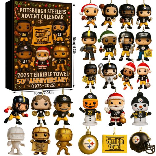Discover Pittsburgh S.tee.ler 50th Terrible Towel Advent Calendar 2025 | football Christmas Countdown Gift | 24 Black & Gold Ornaments
