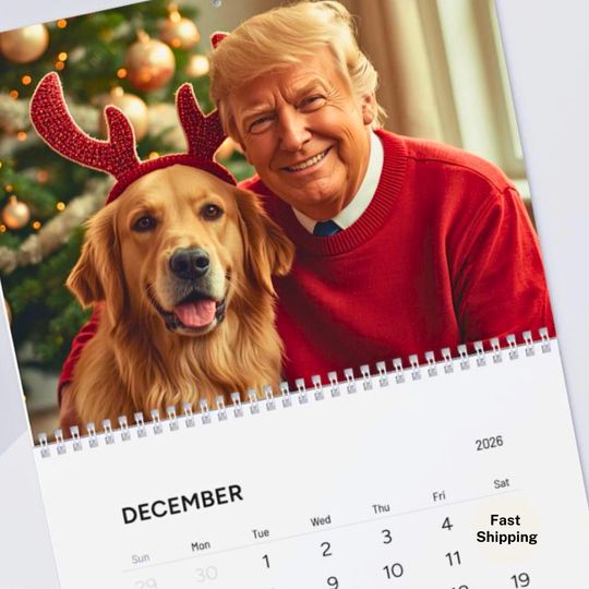 Discover Donald Trump & Golden Retriever 2026 Funny Wall Calendar, Pet Lovers Gift, American Humor, Dog Art, Patriotic Decor, White Elephant Gag Gift