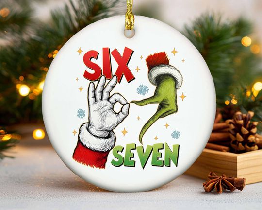 Discover Six Seven Meme Christmas Ornament: Gen Alpha Humor, Porcelain Tree Decoration