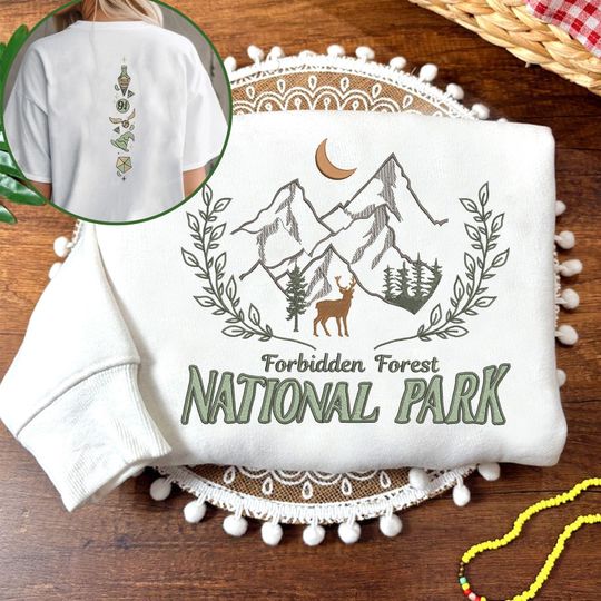 Discover Vintage Forbidden Forest Embroidered Sweatshirt, National Park Wizard Shirt, Magical Crewneck, Bookish Merch, Thrifted Aesthetic Reader Gift
