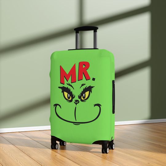 Discover Mr. funny character Luggage Cover | Merry Grin Suitcase Protector | Fun Christmas Travel Cover | Holiday Gift for Travelers | Travel Accessory