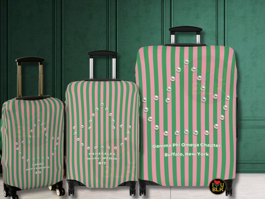 Sorority Luggage Cover Pink Green Pearls | Personalized Suitcase Protector | Greek Women Soror Reunion Travel Gear
