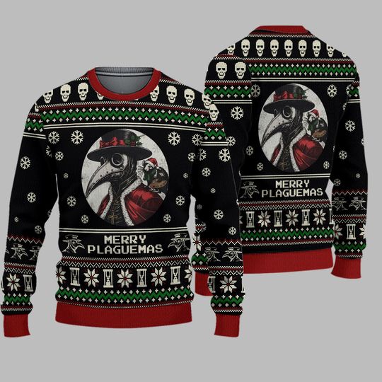 Merry Plaguemas Ugly Christmas Sweater, Plague Doctor Xmas Gift, Funny Gothic Holiday Jumper, Historical Dark Humor Apparel