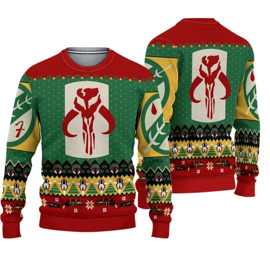 Star Wars Mandalorian Ugly Christmas Sweater, Boba Fett Helmet Sweater, Geek Knit Holiday Pullover, Nerdy Xmas Gift for Fans