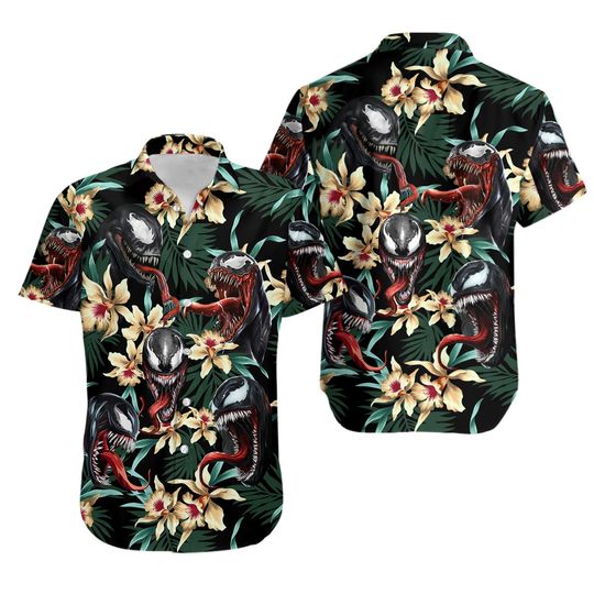 Halloween Venom Hawaiian Shirt, Venom Mens Shorts, Venom Button Shirt, Horror Characters Shirt, Horror Short Sleeve Button Up Shirt