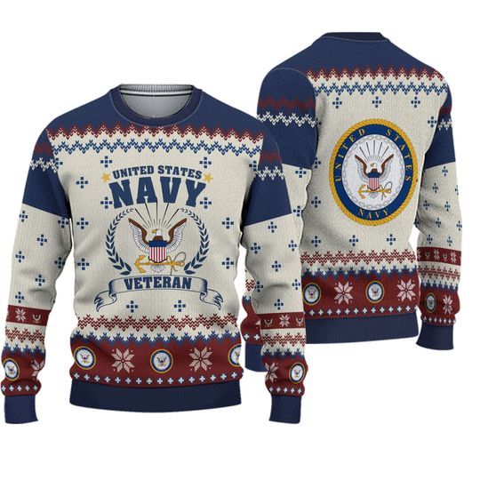 U.S. Navy Veteran 250th Years USA Ugly Christmas Sweater, Military Patriotic Sweater, Veteran Holiday Knitted Pullover, Christmas Gift