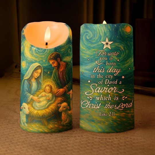 Nativity Scene Christmas Starry Night Van Gogh Style, Personalized LED Candle, Spiritual Christmas Angel Candle Gift for Home Decor