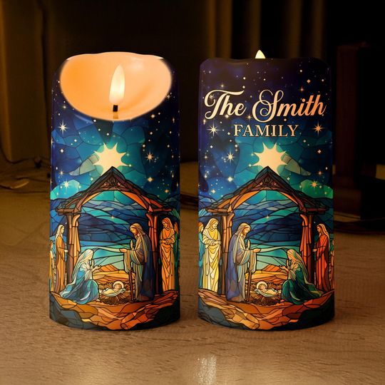 Discover Christmas Nativity Scene, Personalized LED Candle, Nativity flameless candle with timer, Nativity lighted accents, Nativity lighted decor