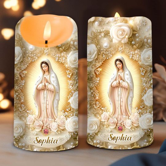 Discover Personalized Virgin Mary LED Candle, Custom Religious Prayer Candle, Catholic Gift for Her, Blessed Mother Candle, Faith Home Decor