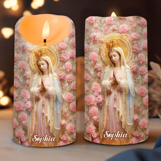 Discover Personalized Virgin Mary LED Candle, Custom Religious Prayer Candle, Catholic Gift for Her, Blessed Mother Candle, Faith Home Decor