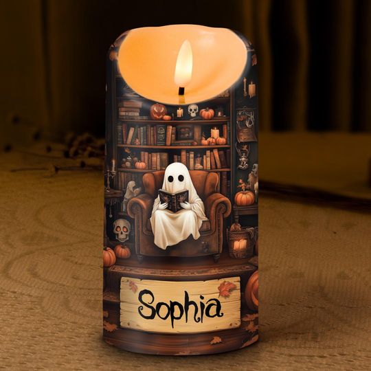 Discover Personalized Ghost Reading Books LED Candle, Ghost Reading Book in Library Light, Spooky Flameless Light, Custom Name Halloween Decor