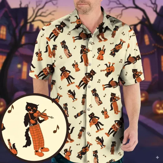 Discover Vintage Halloween Beistle Scat Cat Band Hawaiian Shirt