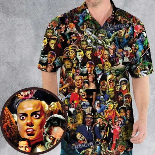 Discover Spooky Threads Famous Monsters of Filmland Hawaiian Shirt