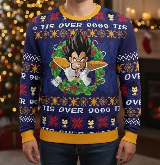 Dragon Ugly Christmas Sweater, Vegeta Over 9000 Sweater, Anime Xmas Holiday Gift for Men Women, Christmas Gift