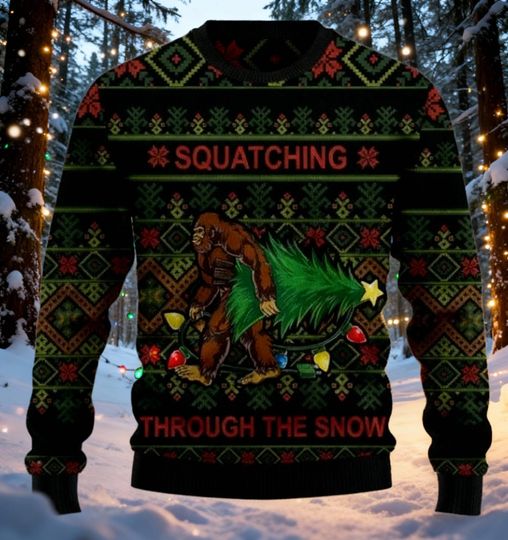 Discover Funny Bigfoot Christmas Sweater, Sasquatch Ugly Xmas Jumper, Squatching Through The Snow Holiday Pullover, Gift for Cryptozoology Fan Dad
