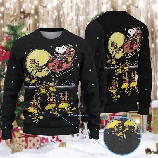 Discover Cartoon Beagle Santa Sleigh Sweater, Cute Yellow Bird Reindeer Holiday Sweatshirt, Peanuts Fan Gift, Funny Black Ugly Christmas Sweater