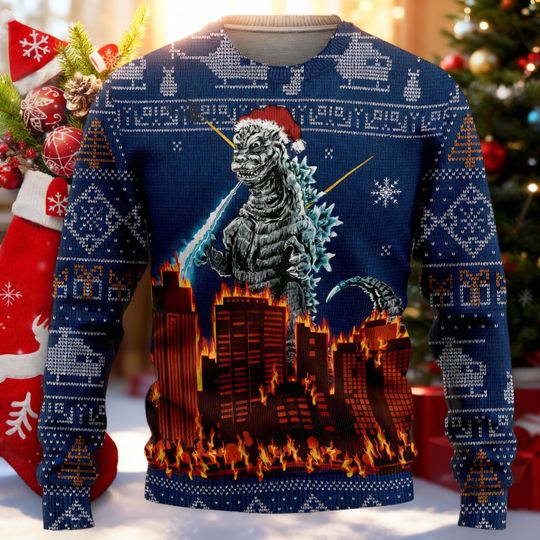 Kaiju Monster Ugly Christmas Sweater, Atomic Breath Holiday Sweatshirt, Japanese Sci-Fi Fan Gift, Scary Giant Lizard Xmas Party Sweater