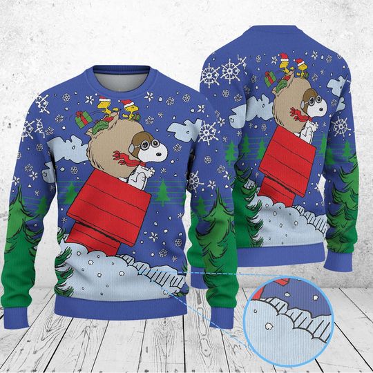 Discover Flying Ace Doghouse Ugly Christmas Sweater, Blue Cartoon Dog Holiday Sweatshirt, Animated Character Pullover, Snoopy Woodstock Fan Gift