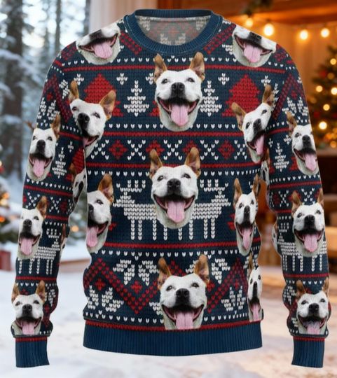 Discover Personalized Pet Christmas Ugly Sweater, Custom Dog Photo Ugly Sweater, Your Pet's Face Holiday Jumper, Dog Mom Xmas Gift, Unique Dog Lover