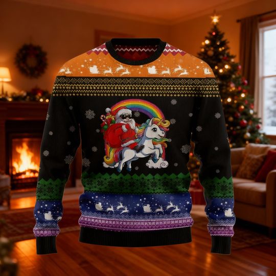 Discover Magical Santa Unicorn Christmas Sweater, Rainbow Holiday Jumper, Funny Xmas Rave Ugly Sweater, Kitschy Retro Gift, Sparkle Christmas Knit