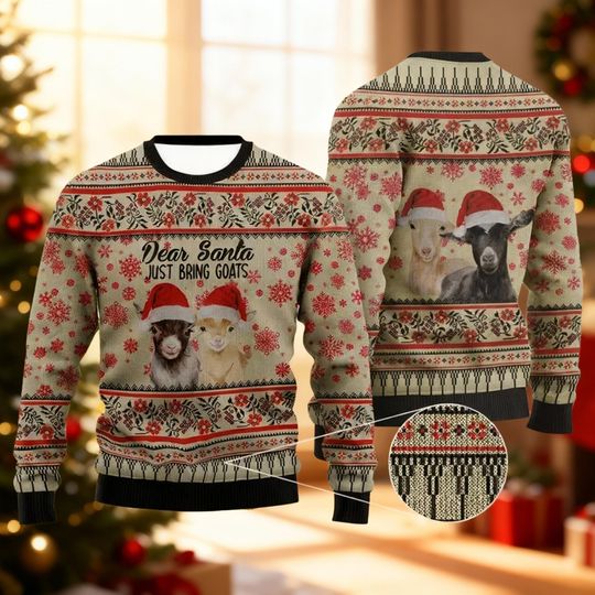 Dear Claus Just Bring Goats Ugly Christmas Sweater, Funny Goat Lover Farm Animal Pullover, Xmas Holiday Fair Isle Jumper Gift