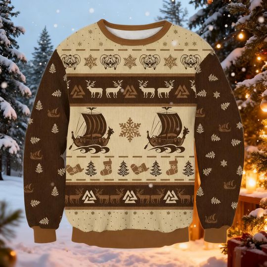 Discover Viking Longship Ugly Christmas Sweater, Norse Mythology Holiday Jumper, Nordic Reindeer Sweatshirt, Valknut Warrior Gift, Brown Viking Ship