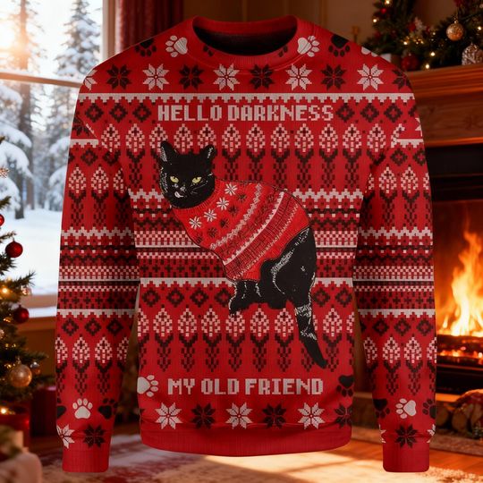 Hello Darkness Cat Christmas Sweater, Funny Black Cat Xmas Jumper, Pet Lover Holiday Gift, Cat Mom Ugly Knit, Sarcastic Feline Sweater