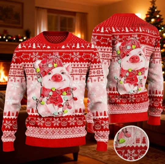 Cute Pig Christmas Lights Ugly Sweater, Farm Animal Holiday Jumper, Piggy Lover Xmas Gift, Pig Christmas Sweater, Farm Animal Sweatshirt
