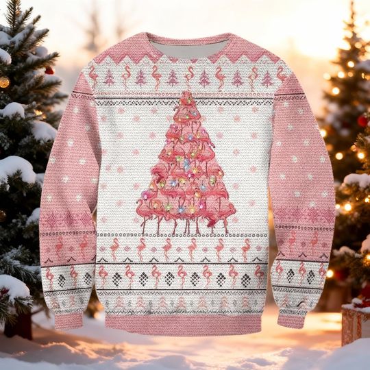 Pink Flamingo Christmas Tree Sweater, Tropical Ugly Xmas Jumper, Pastel Pink Holiday Sweatshirt, Cute Beach Gift for Her, Flamingo Lover