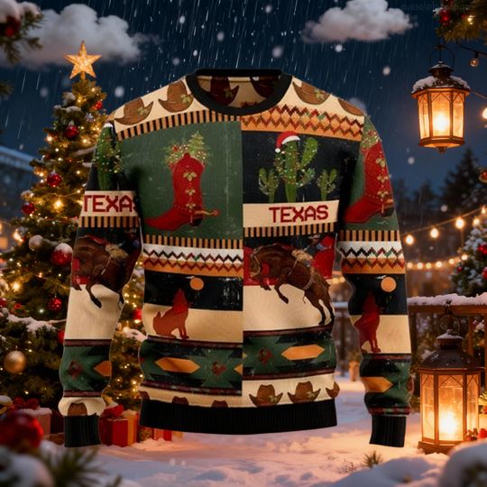 Discover Texas Cowboy Christmas Sweater, Western Style Ugly Jumper, Cowboy Boots Xmas Gift, Rancher Holiday Knit, Lone Star State Pullover Sweatshirt
