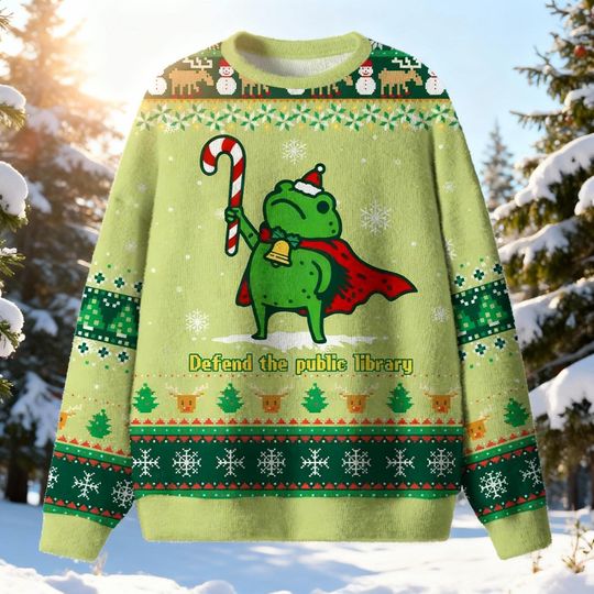 Discover Defend The Public Library Frog Ugly Christmas Sweater | Librarian Gift | Cute Frog Superhero Jumper | Reading Activist Holiday Sweater