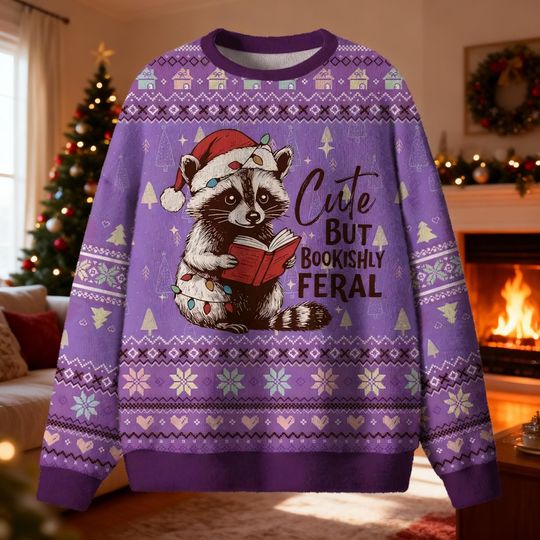 Bookishly Feral Raccoon Sweater | Cute Trash Panda Christmas Jumper | Book Lover Holiday Gift | Funny Animal Reader Sweater