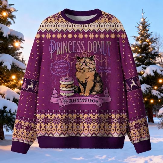 Discover Royal Fat Cat Ugly Christmas Sweater, Funny Chonky Feline Xmas Jumper, Quirky Kitty King Holiday Gift, Donut Lover Pet Owner Outfit