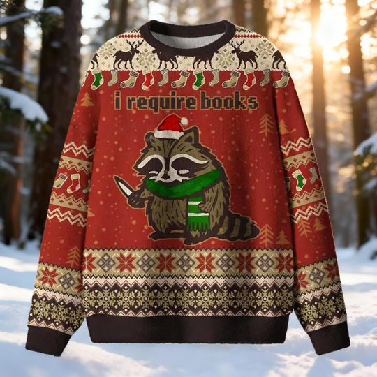 I Need Books Raccoon with Knife Ugly Christmas Sweater | Funny Book Lover Gift | Trash Panda Xmas Jumper | Book Hoarder Holiday Sweater