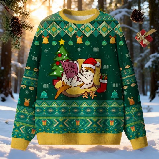 Discover Cat I Like Books Ugly Christmas Sweater, Reading Cat Holiday Jumper, Funny Cat Lover Gift, Bookish Xmas Crewneck, Cozy Green Reader Gift