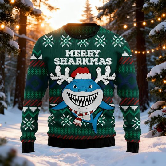 Discover Merry Sharkmas Ugly Christmas Sweater, Funny Shark Reindeer Antlers Xmas Jumper, Winter Holiday Ocean Lover Gift, Great White Shark Shirt