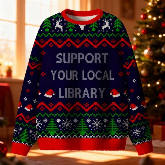 Support Your Local Library Ugly Christmas Sweater, Traditional Fair Isle Jumper, Librarian Teacher Gift, Cozy Book Lover Xmas Crewneck