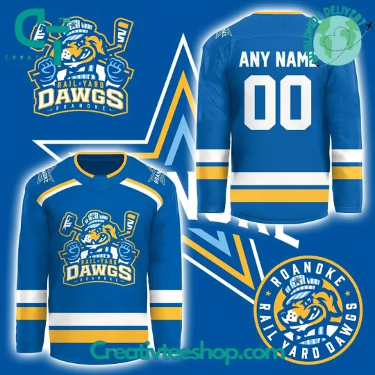 Discover Roanoke Rail Yard Dawgs Custom Men's Hockey Jersey Blue