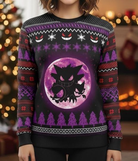 PKM Christmas Ugly Sweater, Gengar Sweater, Anime Christmas Gift For Men Women, Xmas Holiday Gift