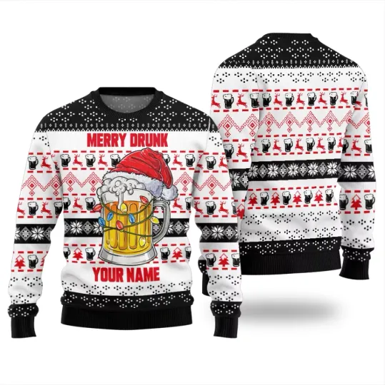 Discover “Merry Drunk Your Name” Custom Ugly Christmas Sweater