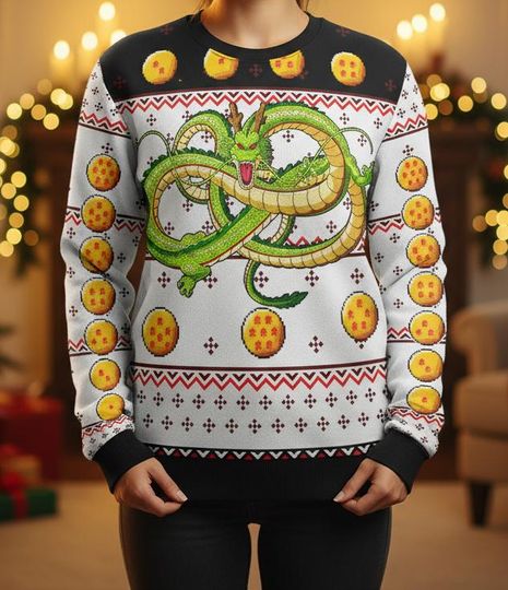 Dragon Ugly Christmas Sweater, Shenron Sweater, Anime Xmas Gift for Men Women, Holiday Dragon Ball Gift