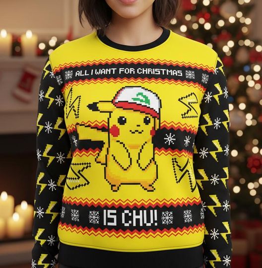 Discover PKM Ugly Christmas Sweater, Pika Sweater, All I Want Is Chu Xmas Holiday Gift, Christmas Gift For Fans