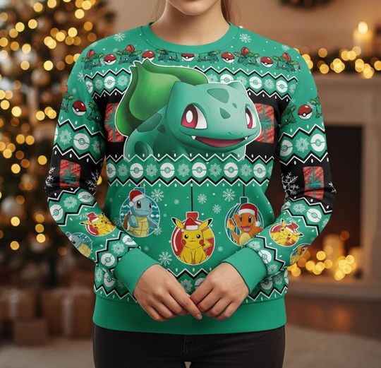 PKM Ugly Christmas Sweater, Bulbasaur Sweater, PKM Xmas Gift For Men Women, Holiday Christmas Gift