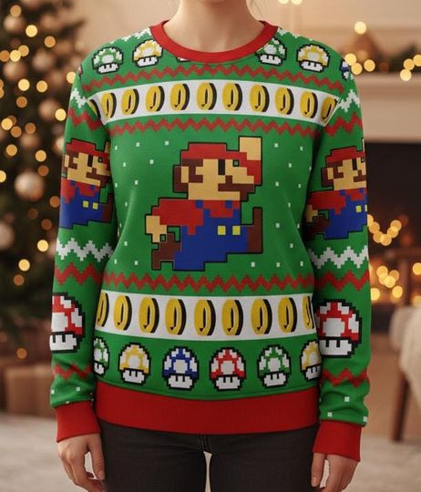 Discover Super Mario Ugly Christmas Sweater, Retro Gaming Sweater, Holiday Gamer Gift for Men Women, Xmas Party Gift