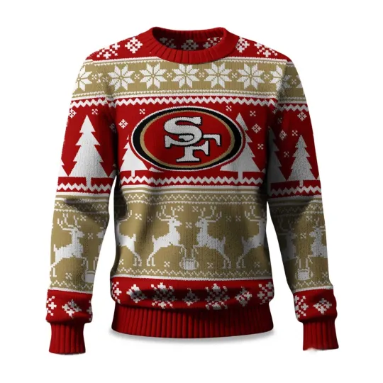Discover 2025 Christmas 49ers Reindeer Football Ugly Sweater